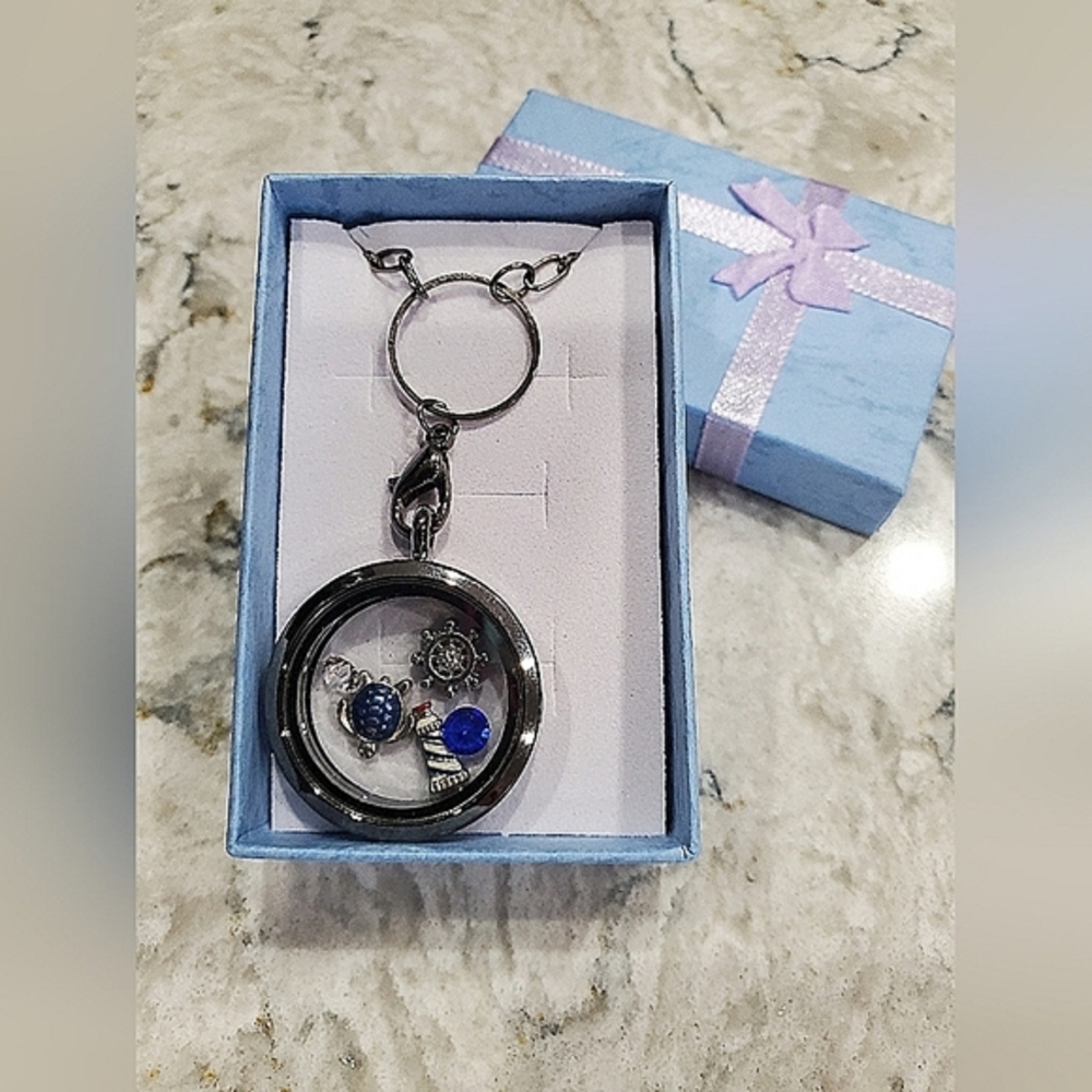NIB Nautical Floating Charm Locket Necklace In Gunmetal